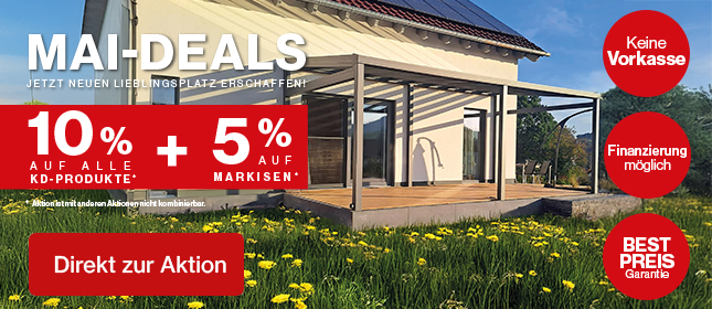 Mai-Aktion bei KD Überdachung: 10 % Rabatt auf alle KD Produkte + 5 % auf Markisen sichern! Jetzt informieren und sparen.