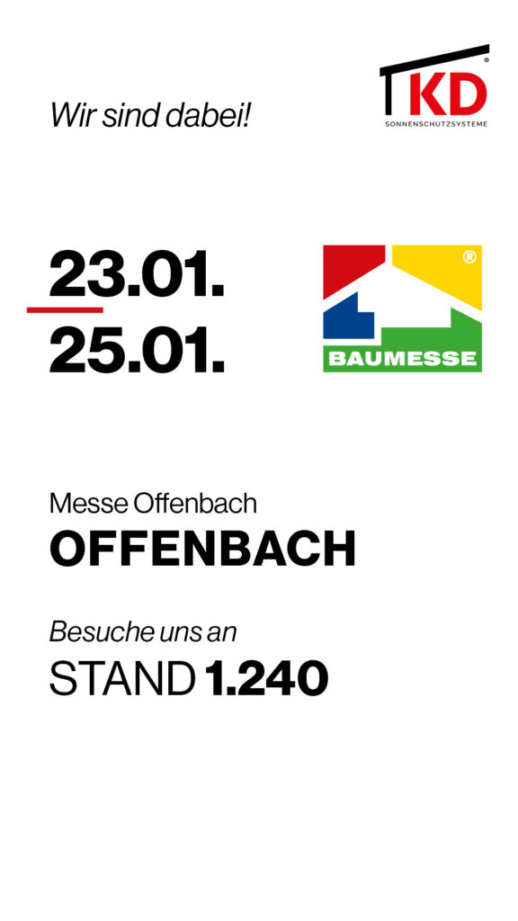 KD Überdachung auf der Baumesse Offenbach 2026: Besuchen Sie uns vom 23.–25.01.2026 am Stand 1.240 und sichern Sie sich exklusive Messe-Rabatte.
