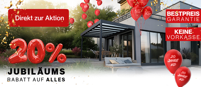 20% Jubiläums-Rabatt auf ALLES im April 2026 sichern! Jetzt Terrassenüberdachung, Carport oder Sichtschutz planen und Jubiläumsvorteil nutzen.