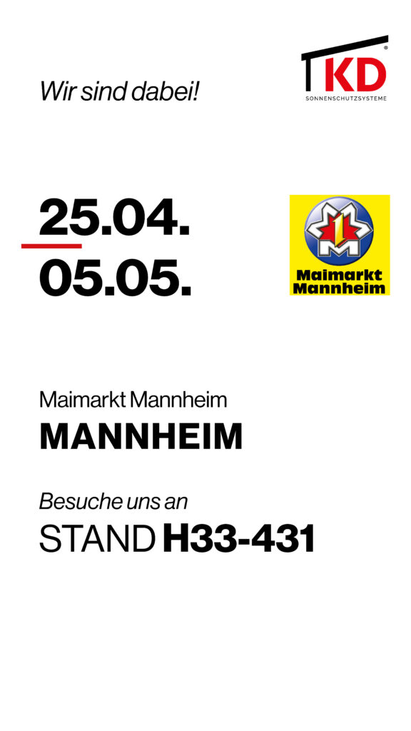 📍 Maimarkt Mannheim 2026 Besuchen Sie uns vom 25.04. bis 05.05.2026 auf dem Maimarkt Mannheim. Unser Team aus der Filiale Rüsselsheim freut sich darauf, Sie persönlich zu beraten und Ihnen unsere Überdachungslösungen vorzustellen. 📍 Stand H33-431 📅 25.04.–05.05.2026 Kommen Sie vorbei und lassen Sie sich inspirieren – wir freuen uns auf Ihren Besuch!