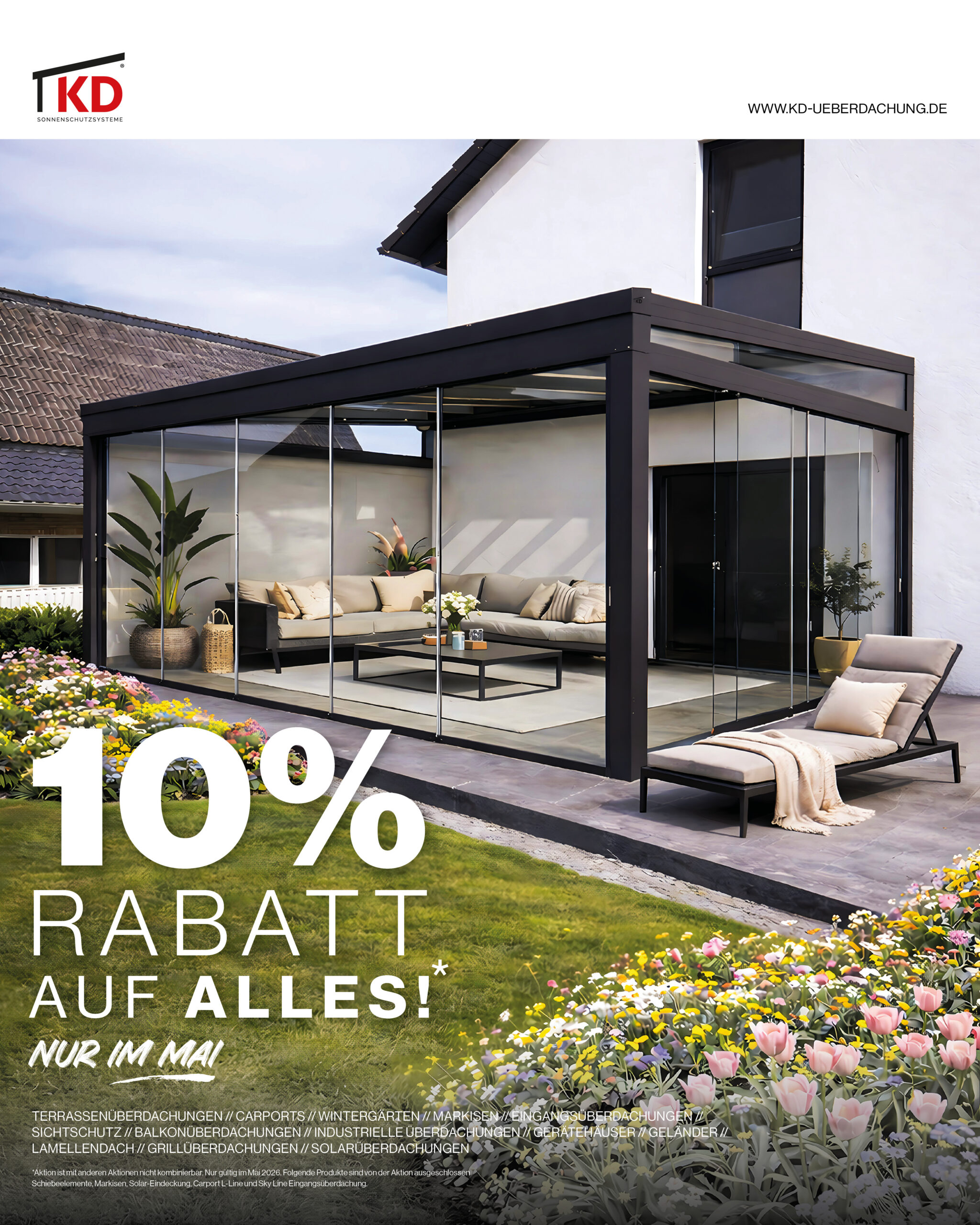 Mai Aktion 2026: 10% Rabatt auf alles sichern! Jetzt Terrassenüberdachung & mehr planen und sparen. Nur im Mai gültig.