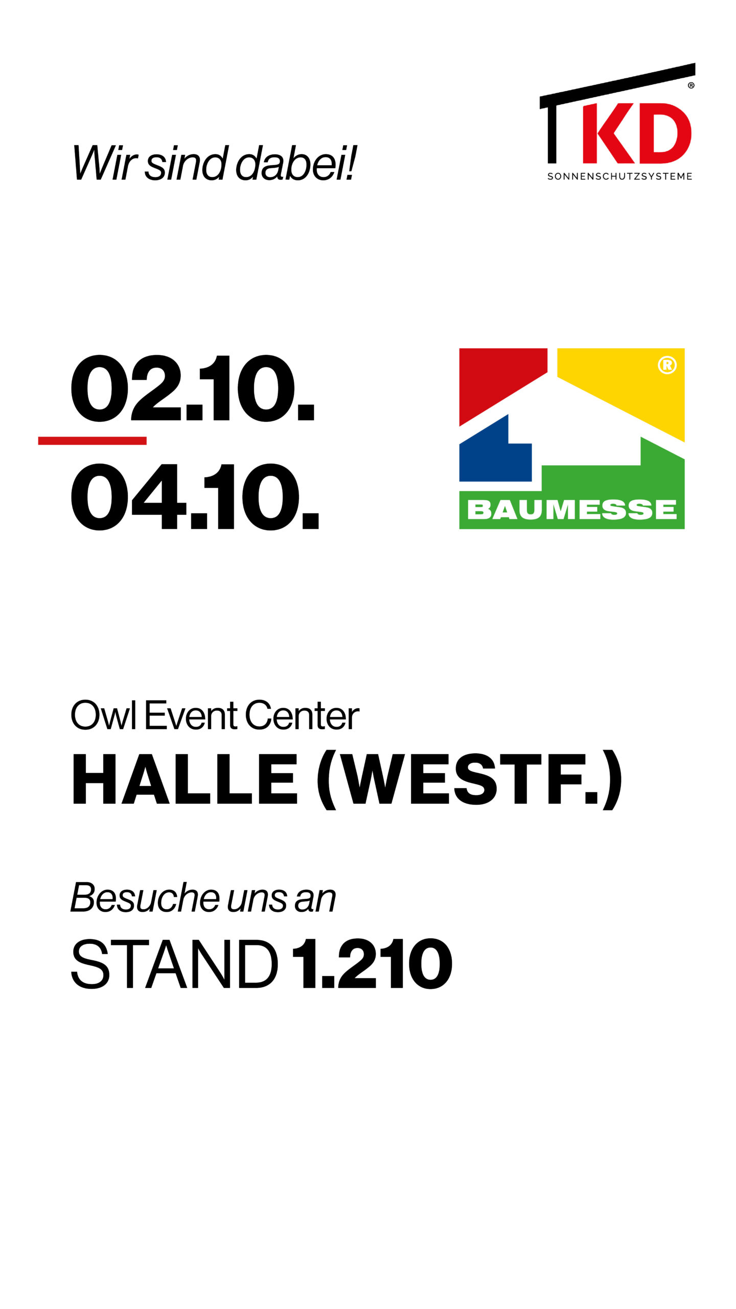 Besuchen Sie KD Überdachung auf der Baumesse Halle (Westf.) 2026. Entdecken Sie Terrassenüberdachungen, Carports und mehr – Stand 1.210 vom 02.–04. Oktober.