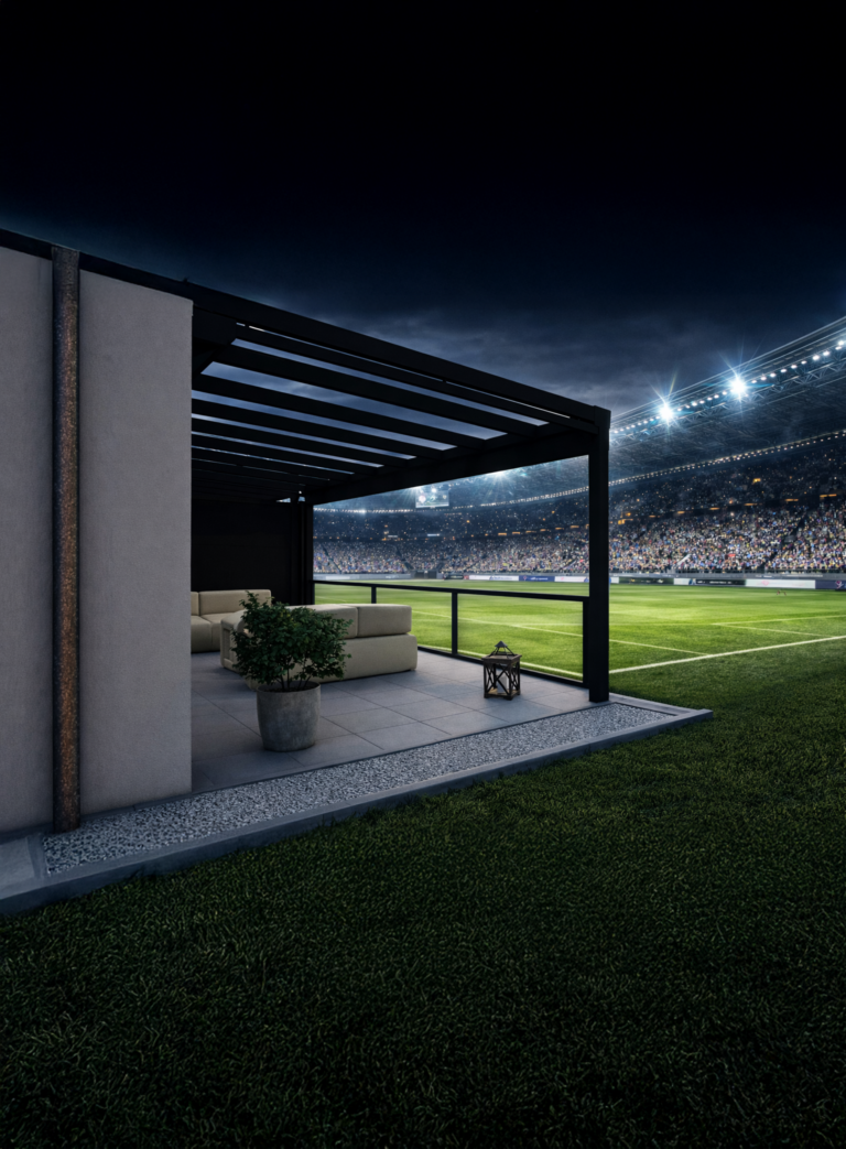 Public Viewing im eigenen Garten: Genießen Sie Fußballspiele unter einer Terrassenüberdachung wettergeschützt und komfortabel.