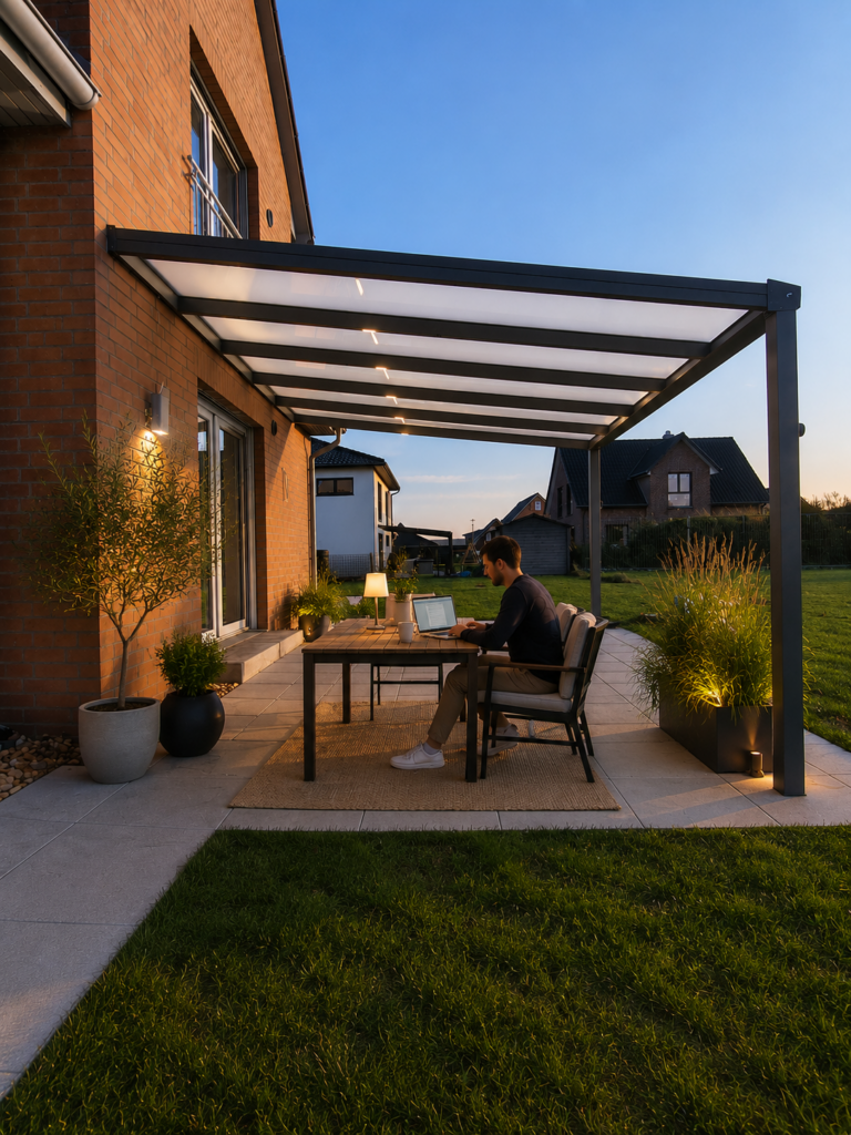 Homeoffice im Garten: Erfahren Sie, wie eine Terrassenüberdachung einen komfortablen und wettergeschützten Arbeitsplatz im Freien schafft.
