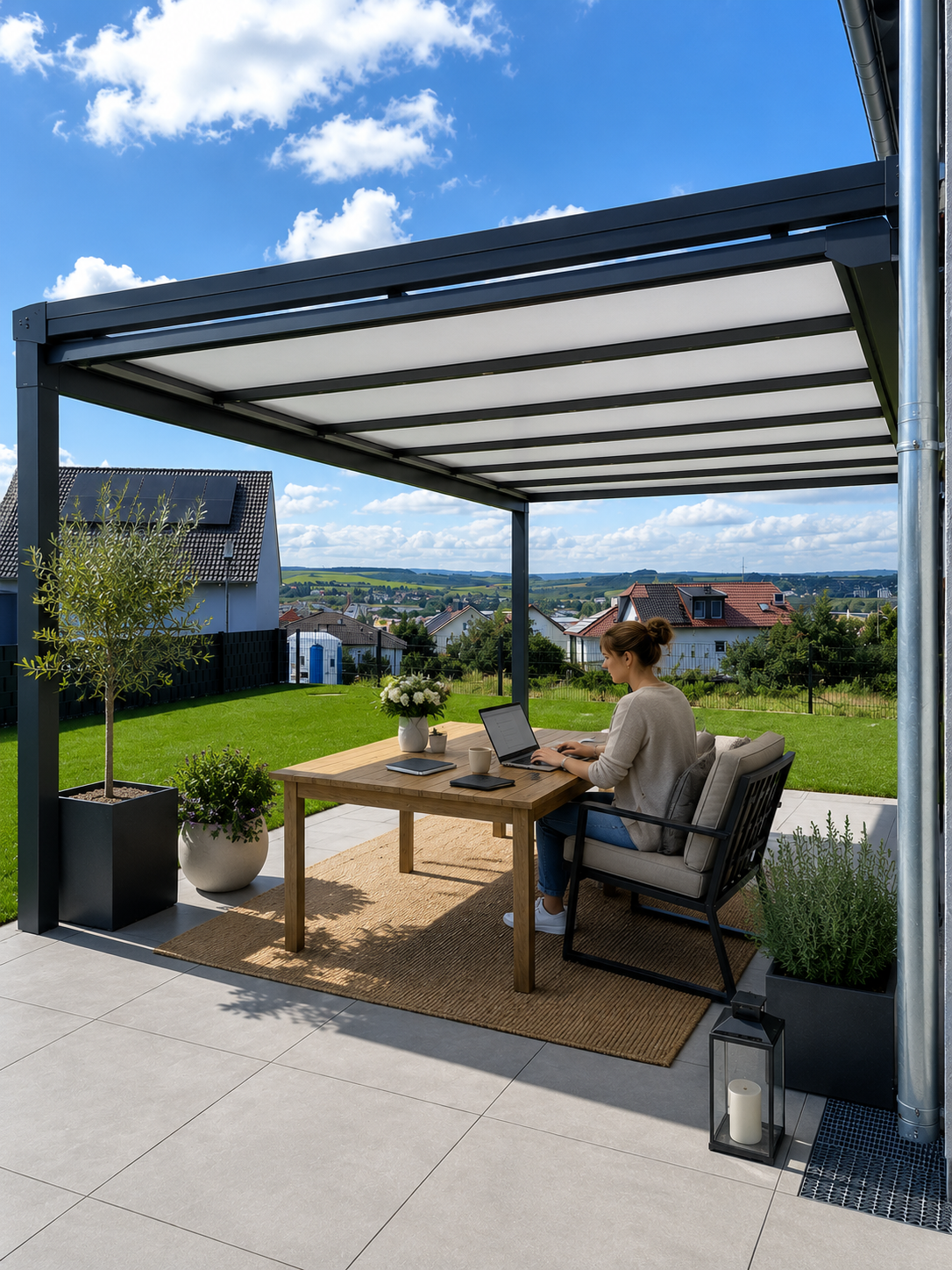 Homeoffice im Garten: Erfahren Sie, wie eine Terrassenüberdachung einen komfortablen und wettergeschützten Arbeitsplatz im Freien schafft.