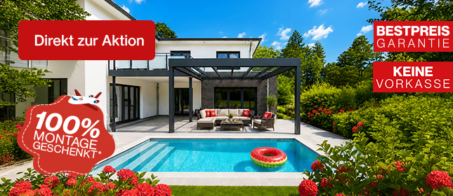 100 % Montagekosten sparen! Jetzt im August 2026 profitieren und Ihre neue Terrassenüberdachung mit 0 € Montagekosten* sichern. *Nur im August 2026 gültig. Montage bis Ende September 2026. Nicht mit anderen Aktionen kombinierbar.