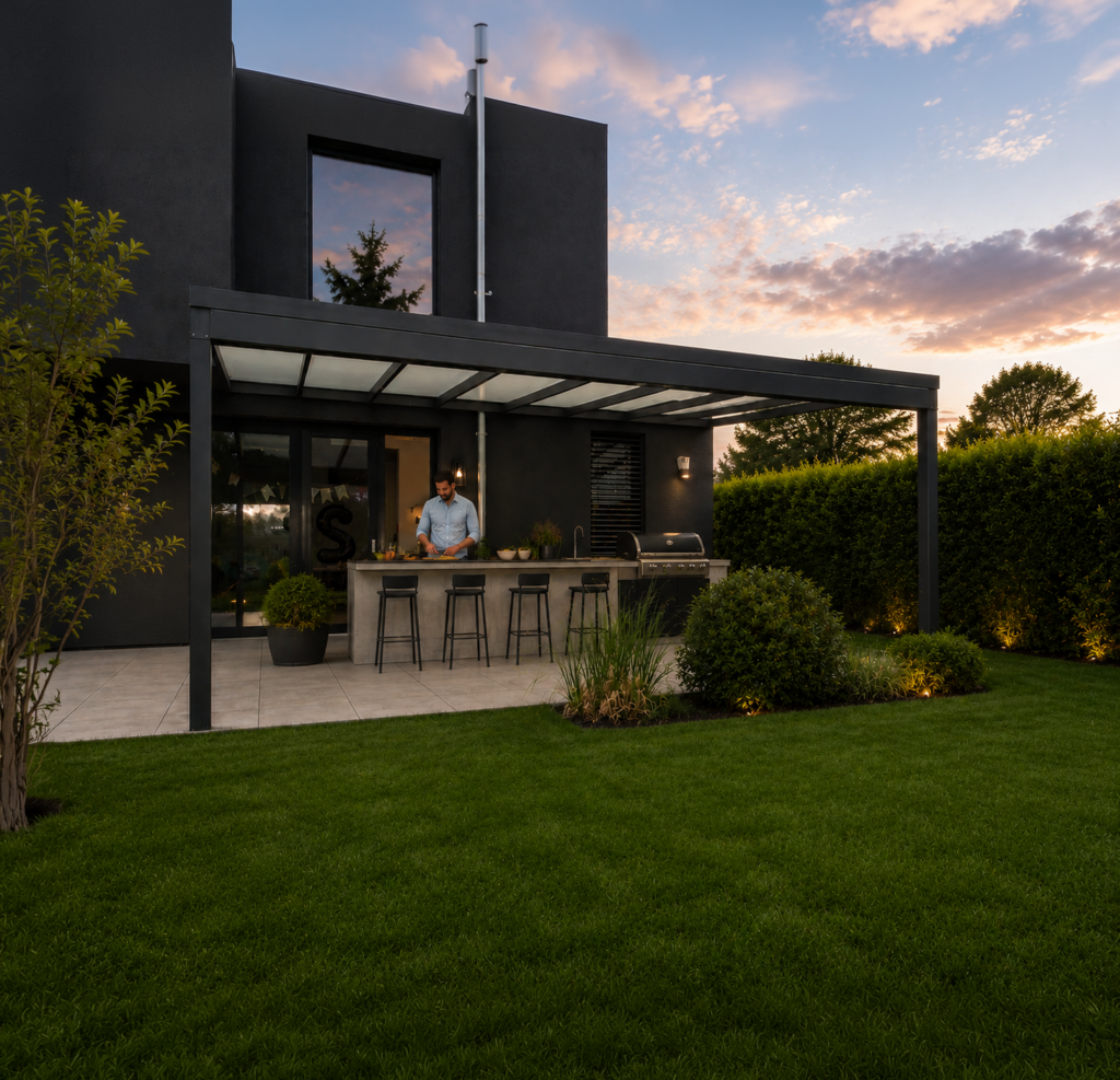 KD Alpha Terrassenüberdachung in Anthrazit als Überdachung für Outdoor-Küchen