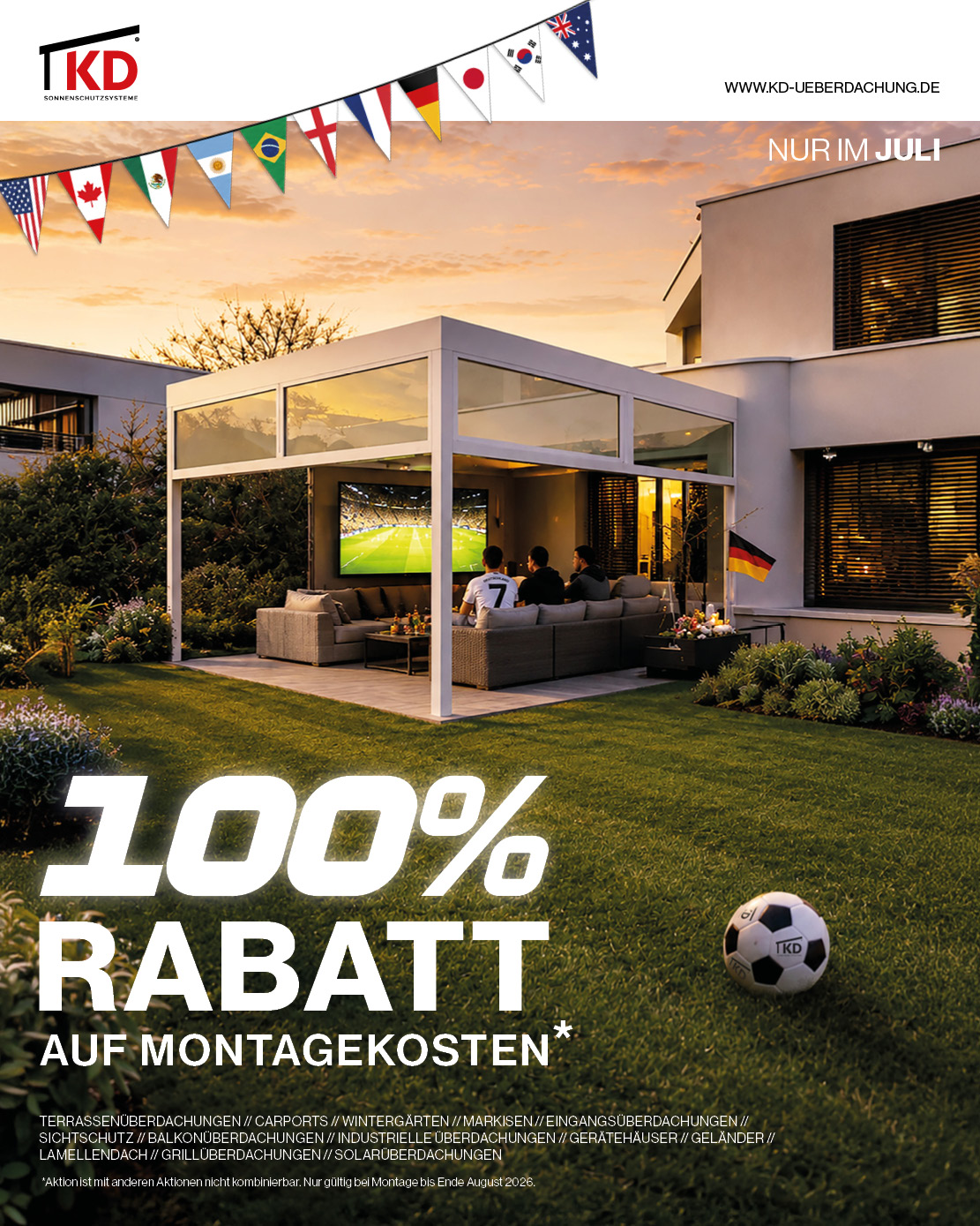 Jetzt 100% Rabatt auf Montagekosten sichern! Nur im Juligültig – Angebot für Ihre Terrassenüberdachung nutzen und sparen.