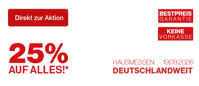 Die Hausmesse findet am 19. September 2026 in zahlreichen teilnehmenden KD Filialen statt, darunter Rüsselsheim, Pforzheim, Augsburg, Ulm, Regensburg, Würzburg, Ingolstadt, Fulda, Limburg, Hannover, Wolfsburg, Hamburg, Köln, Bielefeld, Dortmund, Berlin und Göppingen. *Jetzt vorbeikommen, beraten lassen und 25 % Rabatt sichern! **