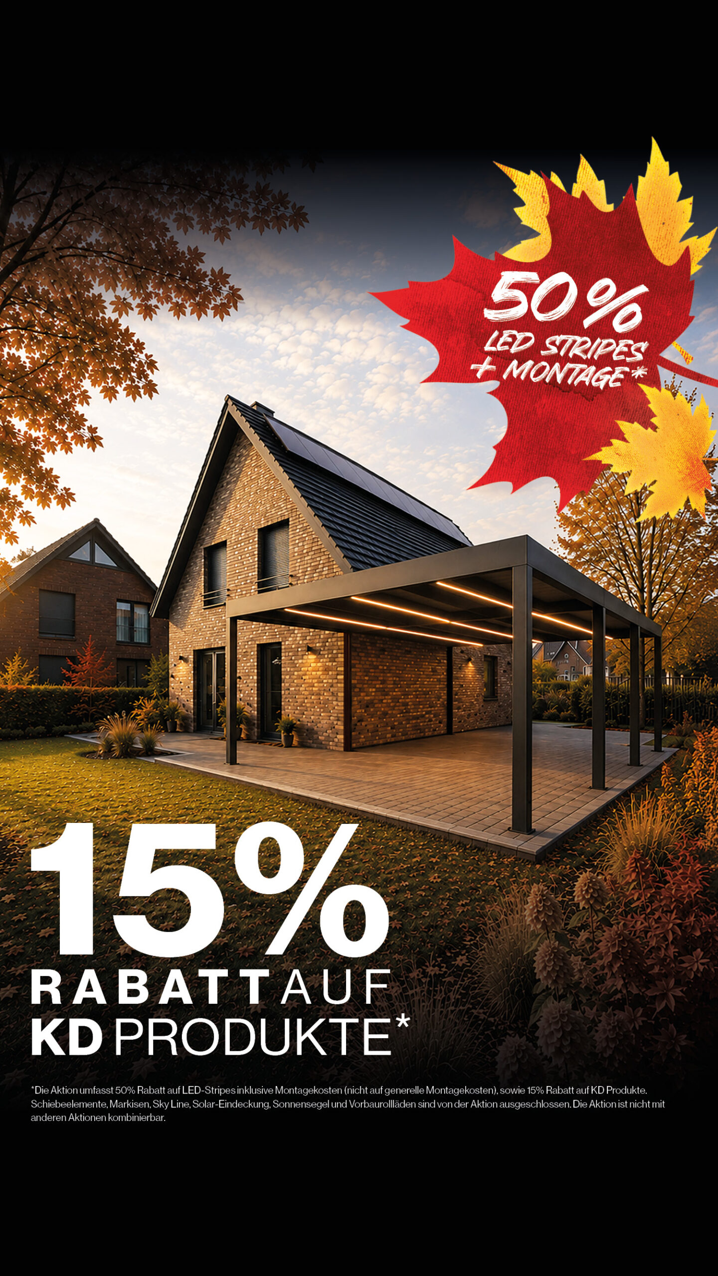 Oktober-Aktion 2026 bei KD Überdachung – 15 % Rabatt auf KD Produkte und 50 % Rabatt auf LED-Stripes und deren Montage